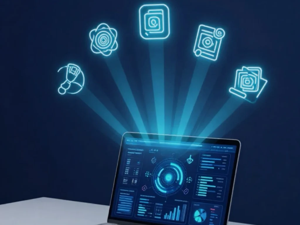 Laptop projecting glowing content marketing icons including a megaphone, documents, camera, and images from a futuristic dashboard on a dark blue background.