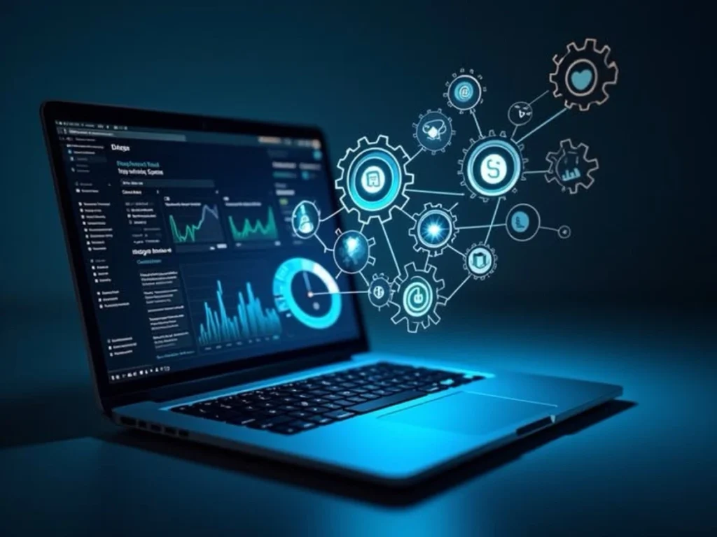Laptop displaying analytics dashboards with floating holographic icons of gears, dollar PPC (Pay-Per-Click) advertising signs, charts, and marketing symbols representing on a dark blue background. Caption: