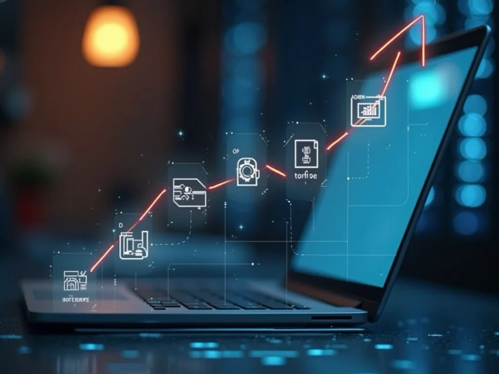 Laptop displaying a rising orange growth arrow connected to digital marketing icons including analytics, documents, and settings on a blue tech background. It is for performance marketing