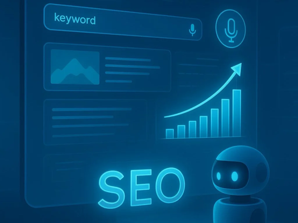 SEO interface showing a search bar with the word “keyword”, a rising bar graph, glowing “SEO” text, and a small robot on a blue tech background.