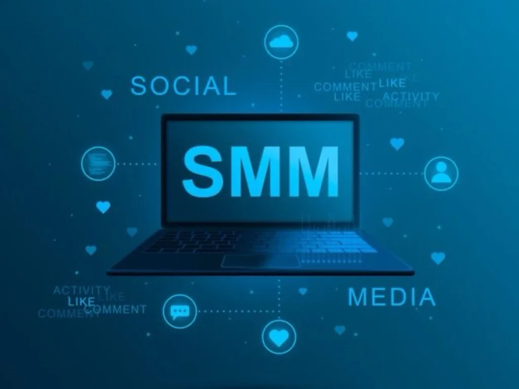 Laptop screen displaying “SMM” surrounded by social media icons and words like Social, Media, Like, Comment, and Activity on a blue digital background.