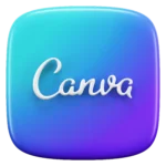 Canva logo: white cursive “Canva” text on a blue-to-purple gradient rounded square background. Caption: