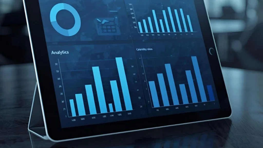 Tablet on a wooden desk displaying a dark-themed analytics dashboard with pie chart and blue bar graphs, illustrating “ Sensory marketing how brands are building emotional connection in 2026 (beyond visual appeal).”