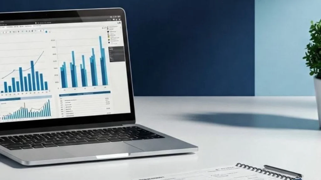 Silver laptop on a white desk displaying analytics dashboards with blue bar charts, line graphs, and data tables, illustrating “The ultimate guide to seo in 2026 what changed and what still works,” with papers, a pen, and a potted plant nearby.