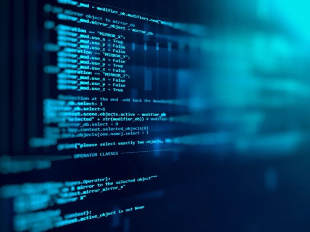 Close up of glowing computer code on a dark blue digital screen, featuring programming scripts related to object operations and operators. for web development