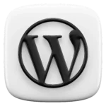 WordPress logo: black stylized “W” inside a circle on a white rounded square background.